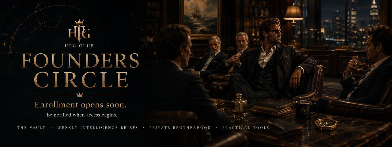 HPG Club Founders Circle campaign artwork showing a private evening gathering and the founding membership experience